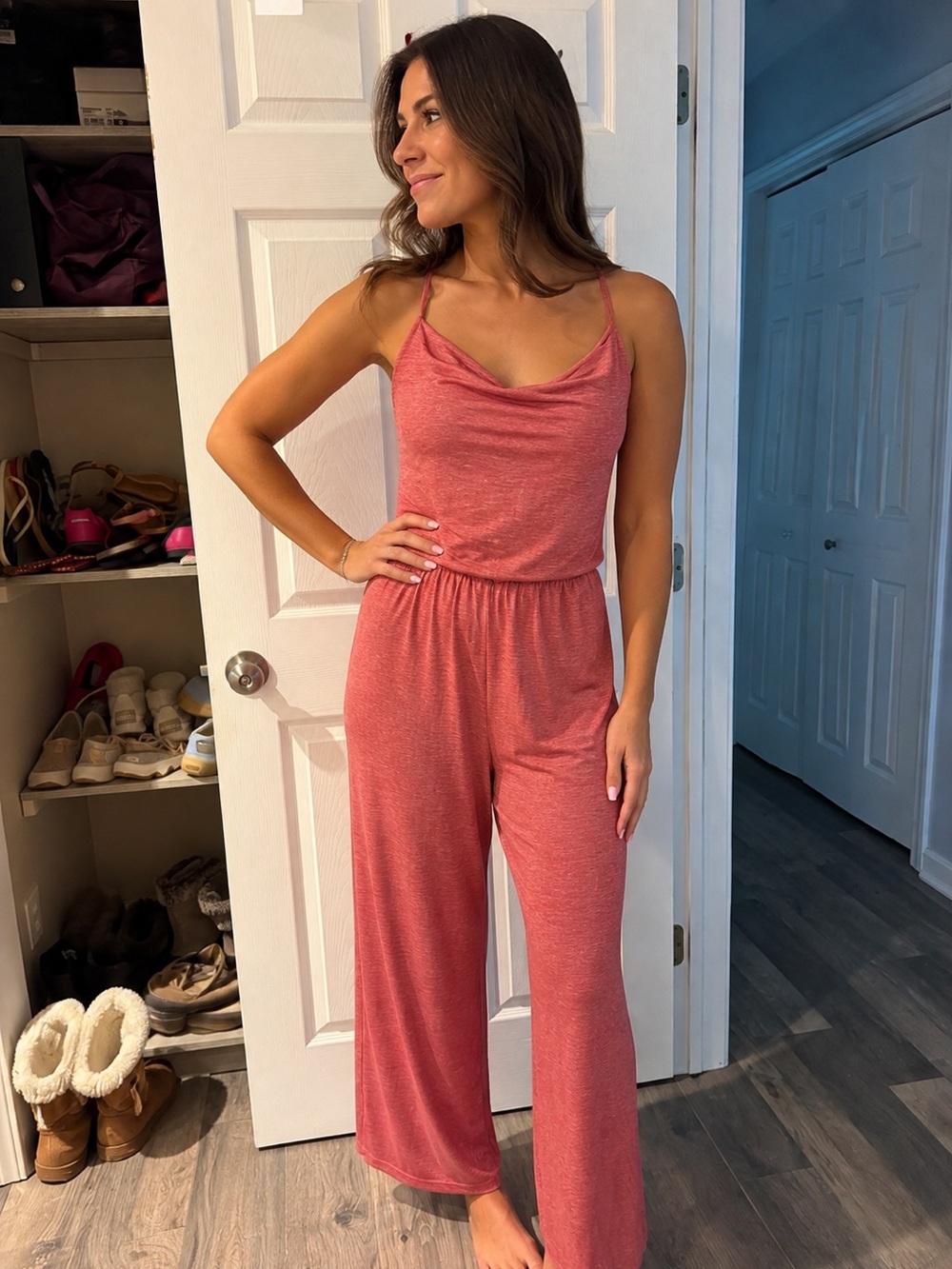 Adjustable Straps Ruched Wide Leg Heathered Casual Jumpsuit with Pockets